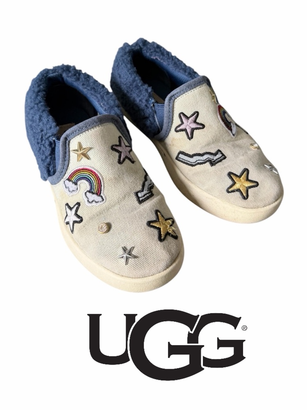 UGG Kids Patch It Slip-On Sneakers Bleach Denim Navy Sherling Colorful Patches 1